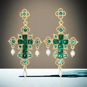 Oversized Antique Gold Baroque Maltese Cross Emerald Crystal Pearl Earrings